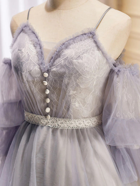 A Line Light Purple Lace Tulle Short Prom Dresses,  Light Purple Lace Homecoming Dresses