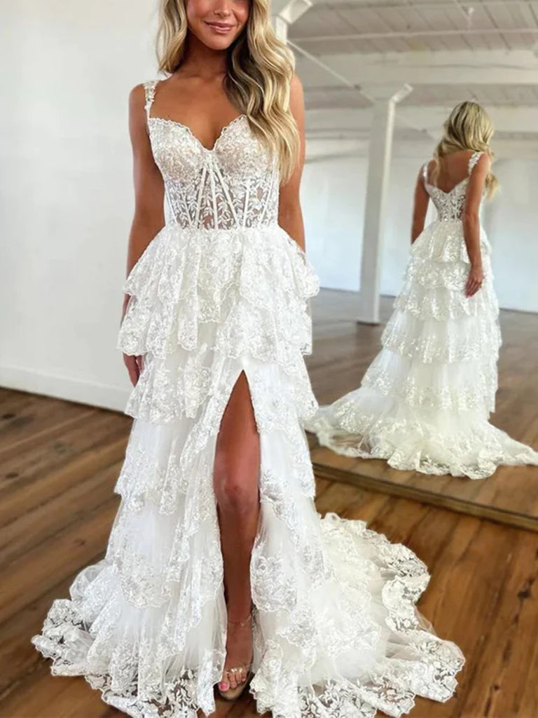 A Line V Neck White Lace Tiered Stunning Prom Dresses With Split, Lace morievent A Line V Neck White Lace Tiered Stunning Prom Dresses With Split, Lace morievent