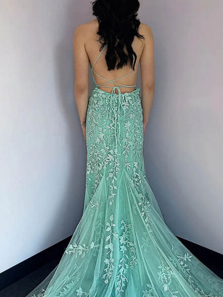 Mint Green Mermaid Backless Lace Long Prom Dresses, Mint Green Lace Formal Evening Graduation Dresses