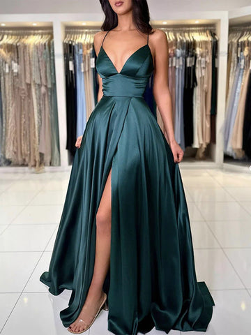 A Line Dark Green V Neck Backless Satin Long Prom Dresses, Dark Green Long Formal Evening Dresses