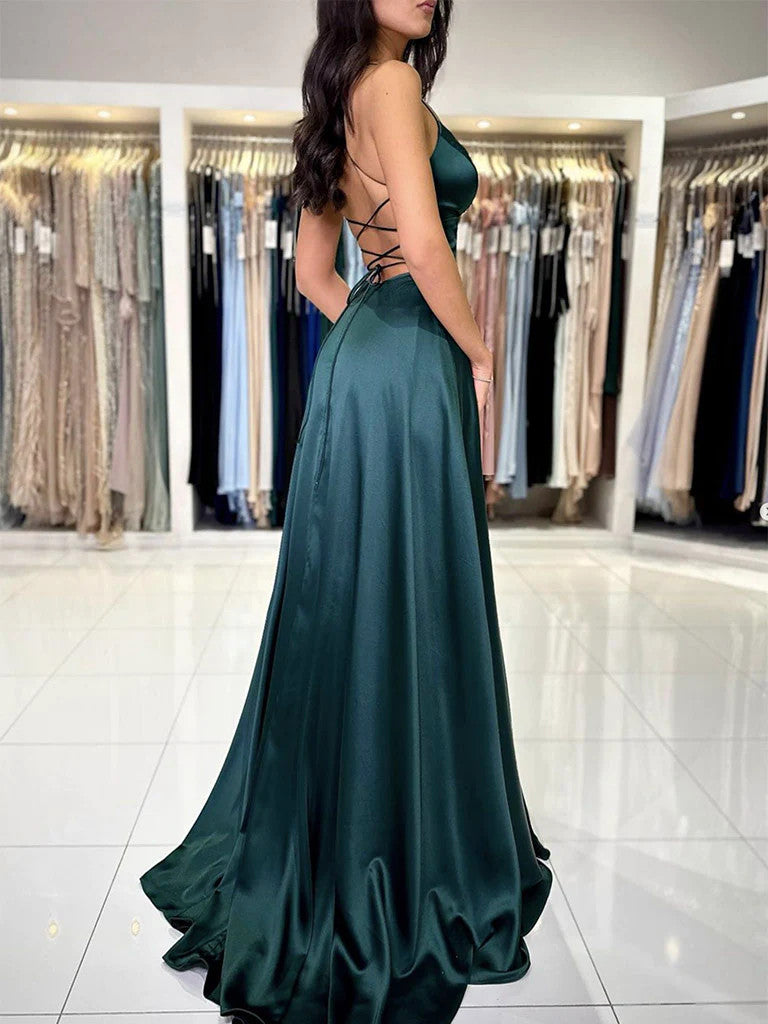 A Line Dark Green V Neck Backless Satin Long Prom Dresses, Dark Green morievent A Line Dark Green V Neck Backless Satin Long Prom Dresses, Dark Green morievent