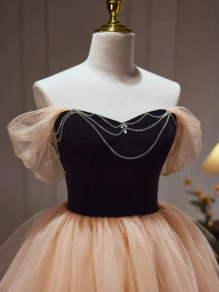 Off Shoulder Black Champagne Short Prom Dresses, Off The Shoulder Shor morievent Off Shoulder Black Champagne Short Prom Dresses, Off The Shoulder Shor morievent