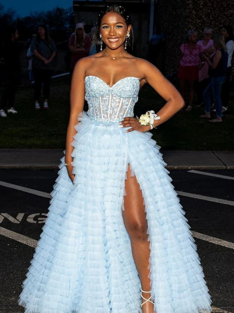 Strapless Light Blue Lace Long Ruffle Prom Dresses with High Slit, Lac morievent Strapless Light Blue Lace Long Ruffle Prom Dresses with High Slit, Lac morievent