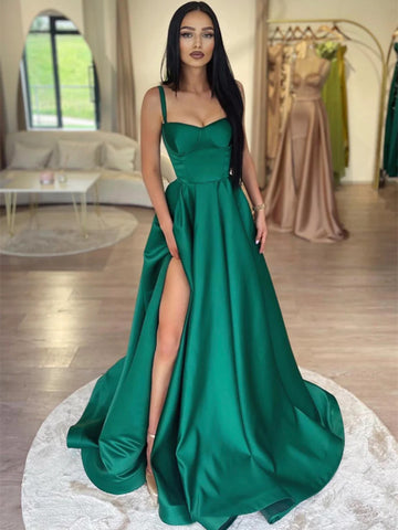 Simple A Line Green Satin Long Prom Dresses with High Slit, Green Satin Evening Party Dresses
