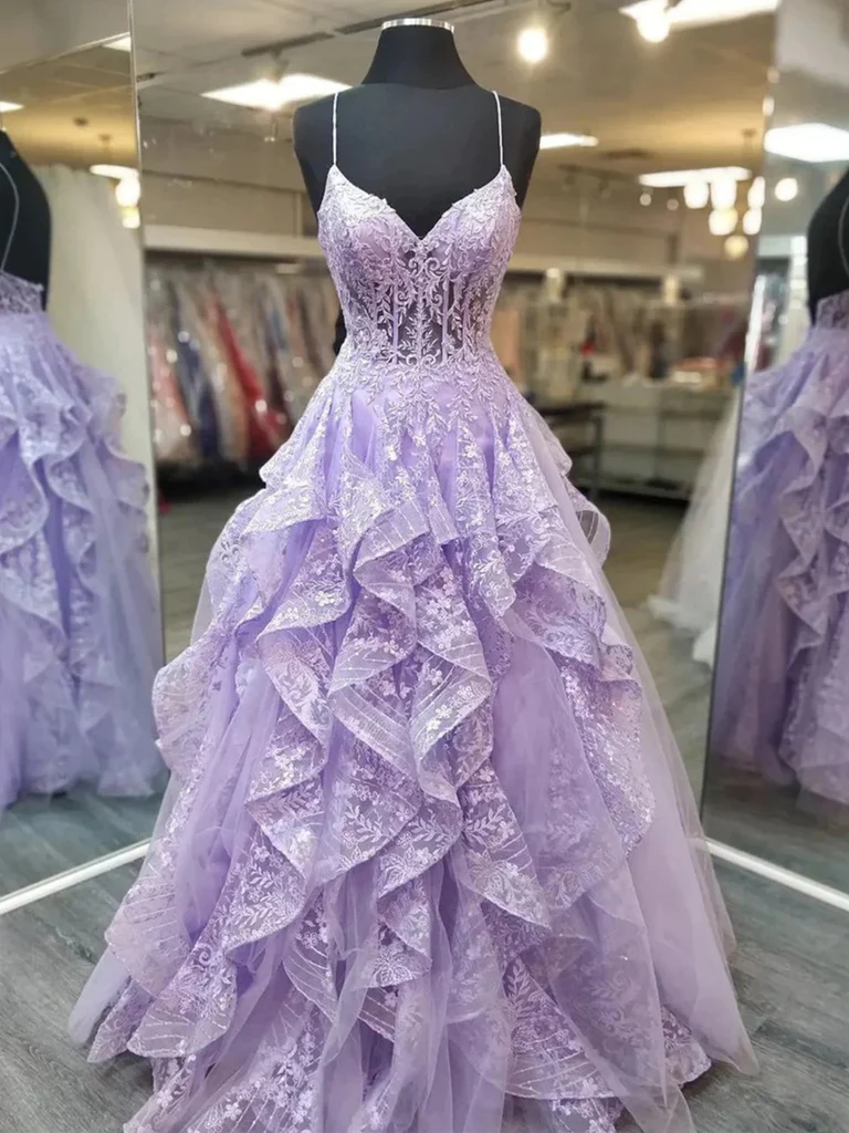 V Neck Backless Fluffy Purple Lace Long Prom Dresses, Lace Fluffy Lilac Formal Evening Dresses V Neck Backless Fluffy Purple Lace Long Prom Dresses, Lace Fluffy Lilac Formal Evening Dresses