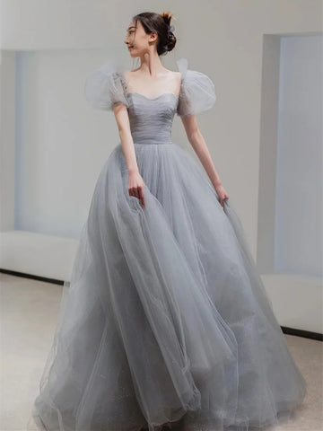 Beautiful A Line Floor Length Gray Tulle Prom Dresses, Short Sleeve Floor Length Gray Formal Evening Dresses