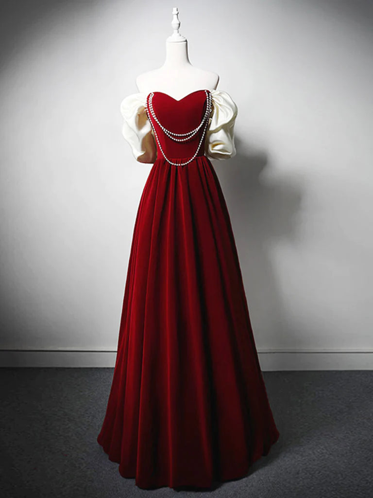 A Line Sweetheart Neck Velvet Burgundy Long Prom Dresses, Velvet Burgu morievent A Line Sweetheart Neck Velvet Burgundy Long Prom Dresses, Velvet Burgu morievent
