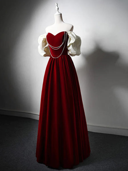 A Line Sweetheart Neck Velvet Burgundy Long Prom Dresses, Velvet Burgu – morievent