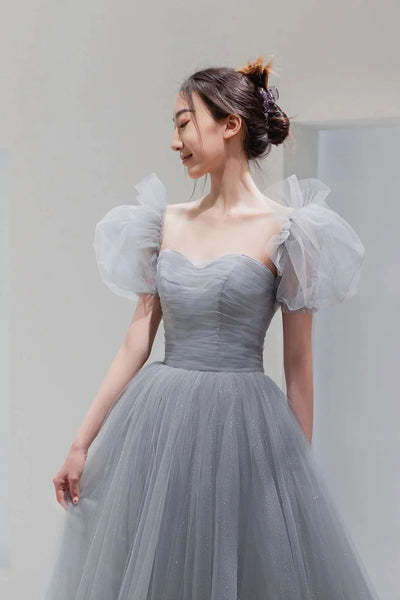 Beautiful A Line Floor Length Gray Tulle Prom Dresses, Short Sleeve Floor Length Gray Formal Evening Dresses