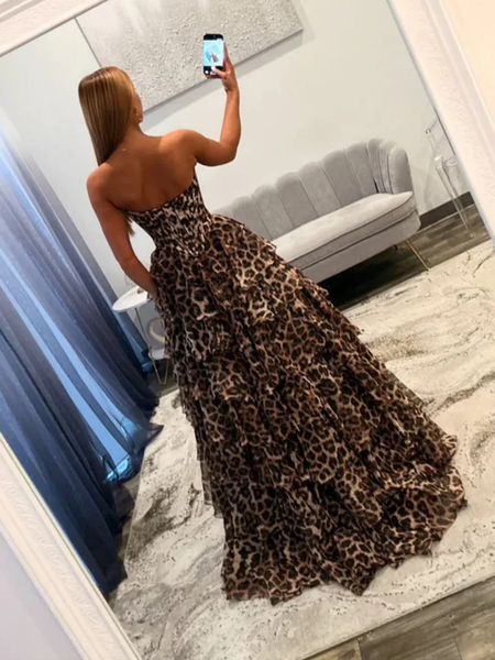 A Line Leopard Print Layered Long Prom Dresses, A Line Leopard Print Long Formal Evening Dresses