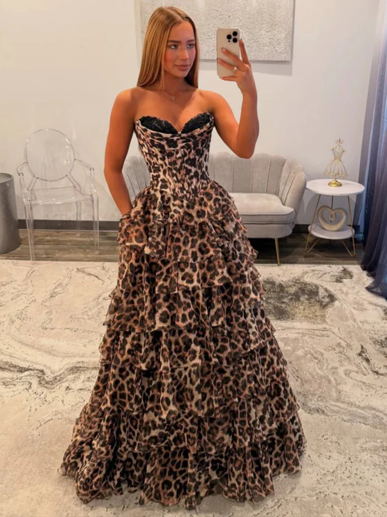 leopard a line dress Elegant Vintage Leopard Print Petal Sleeve Dress, Waist Cinched A-Line Long Dress, Comfortable & Flattering For Teenage Girls