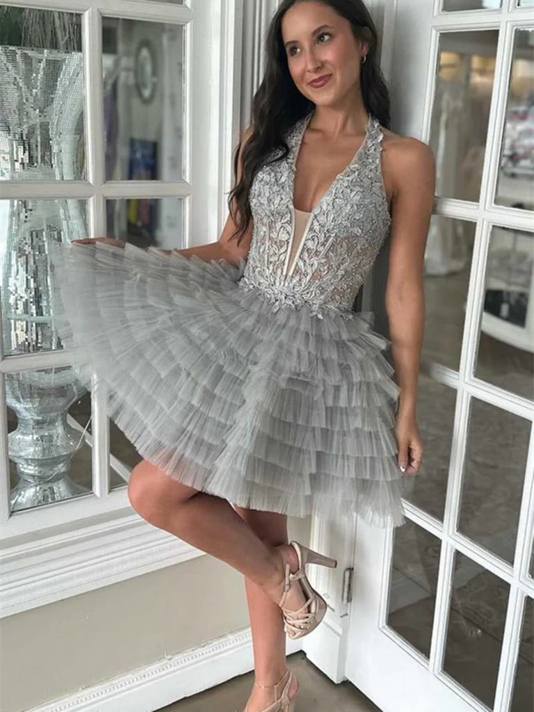 Cute V Neck Ruffle Grey Lace Prom Dresses, Short V Neck Ruffle Grey La morievent Cute V Neck Ruffle Grey Lace Prom Dresses, Short V Neck Ruffle Grey La morievent