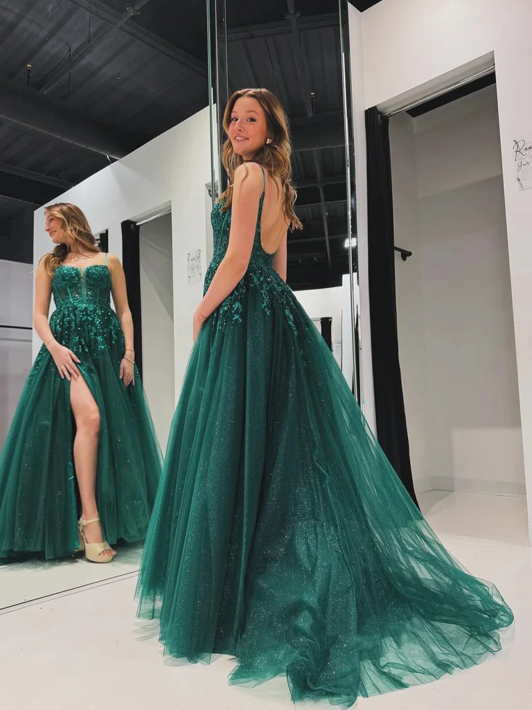 A Line V Neck Backless Green Lace Long Prom Dresses with High Slit, Gr morievent A Line V Neck Backless Green Lace Long Prom Dresses with High Slit, Gr morievent