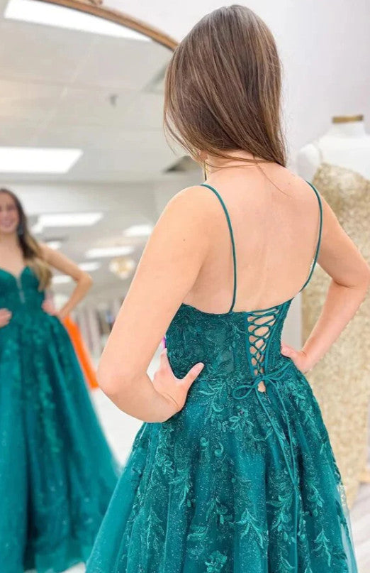 Sparkly Emerald Green Lace Long Prom Dresses ,A Line Spaghetti Straps morievent Sparkly Emerald Green Lace Long Prom Dresses ,A Line Spaghetti Straps morievent