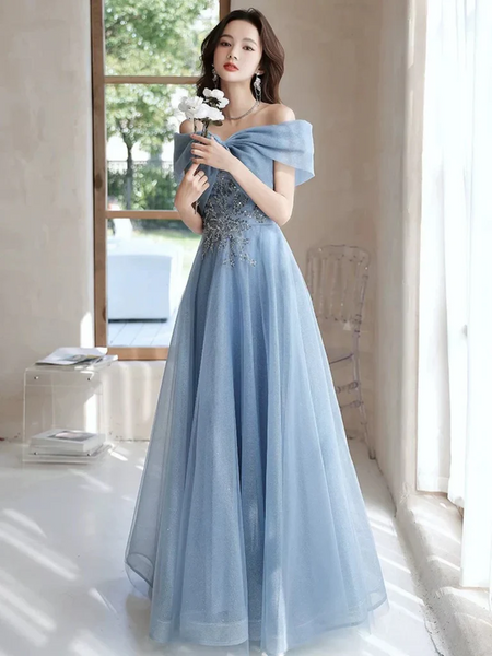 Off Shoulder Blue Beaded Long Prom Dresses, Off the Shoulder Blue Beaded Long Formal Evening Dresses