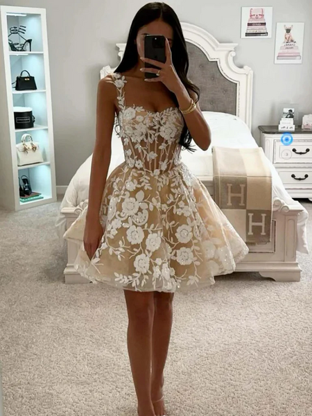 A Line Short Champagne Tulle Lace Prom Dresses, Short Lace Champagne Formal Homecoming Dresses
