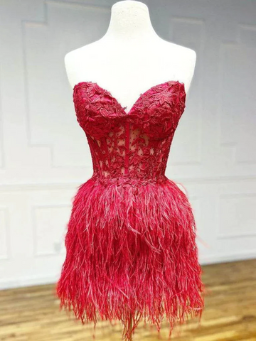 Strapless Beaded Burgundy/Pink/Black Lace Feather Short Prom Dresses, Short Strapless Beaded Burgundy/Pink/Black Lace Formal  Evening Graduation Dresses