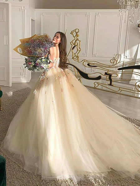Gorgeous Off The Shoulder Champagne Lace Floral Long Prom Dresses, 3D Flowers Off Shoulder Champagne Formal Evening Dresses