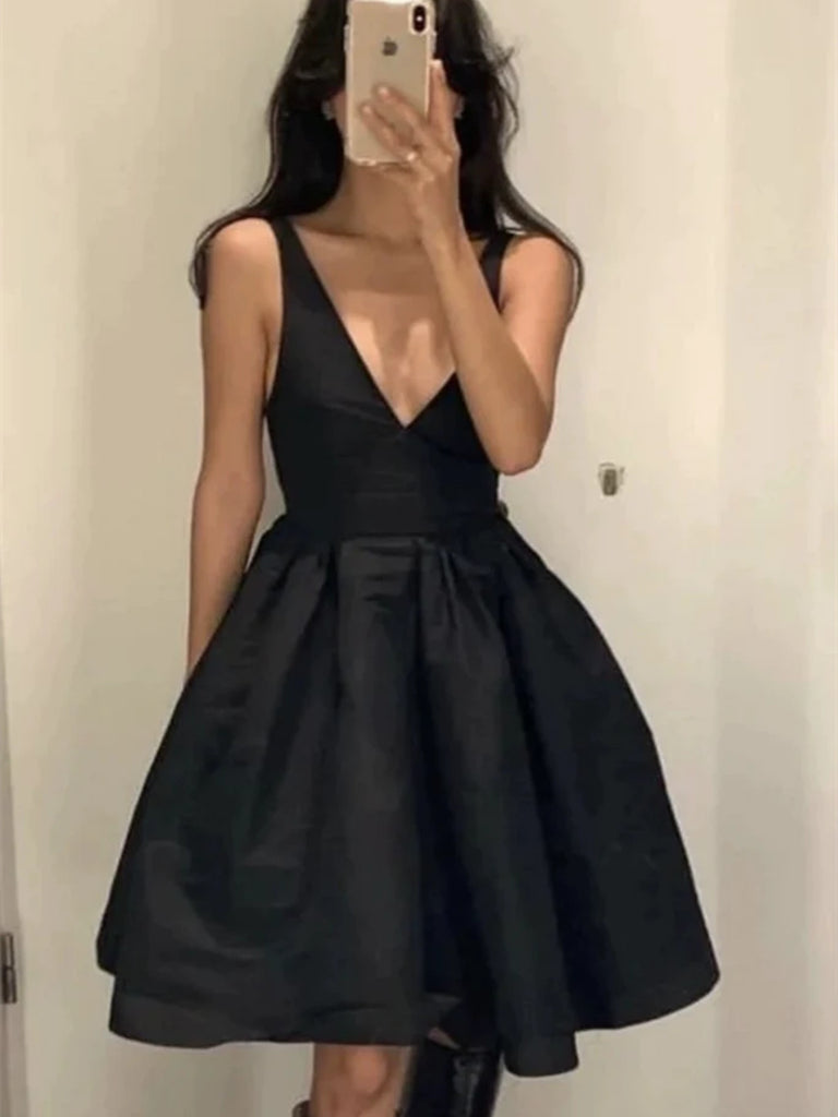 V Neck Black Backless Satin Short Prom Dresses, Open Back V Neck Short morievent V Neck Black Backless Satin Short Prom Dresses, Open Back V Neck Short morievent