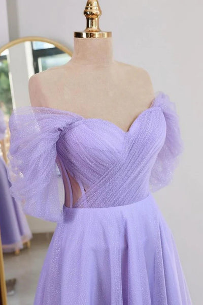 Shiny Off the Shoulder Light Blue/Lilac Tulle Tea Length Prom Dresses, Off Shoulder Light Blue/Lilac Tea Length Tulle Formal Graduation Evening Dresses