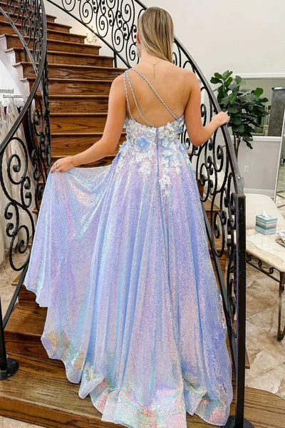 One Shoulder Backless Lilac Lace Floral Long Prom Dresses, One Shoulder Lilac Formal Evening Dresses with 3D Flowers