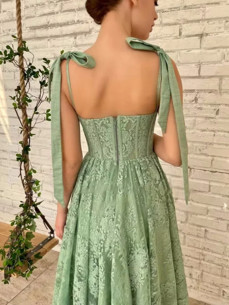 Sweetheart Neck Green Lace Tea Length Prom Dresses, Green Lace Tea Length Formal Evening Graduation Dresses