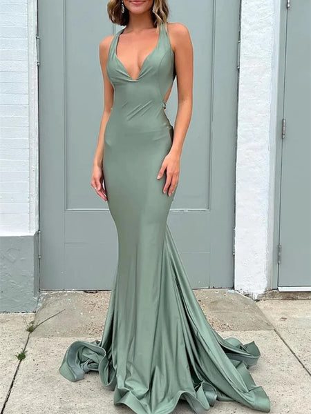 V Neck Mermaid Open Back Sage Long Prom Dresses, Sage Mermaid Backless Formal  Evening Dresses