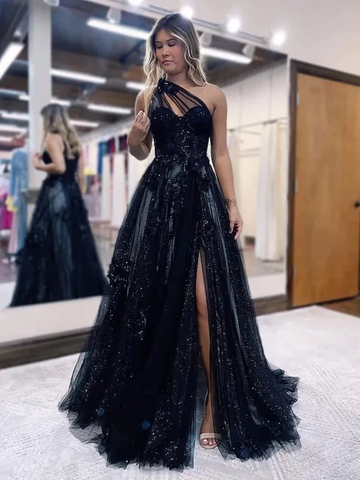 One Shoulder Black Lace Prom Dresses, One Shoulder Black Lace Formal Evening Dresses