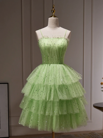 Princess Layered Green Short Tulle Prom Dresses with Sequins, Short Green Formal Graduation Evening Dresses ，Layered Green Homecoming Dresses