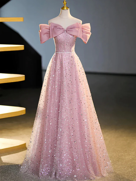 Sequins Pink Off the Shoulder Long Prom Dresses，Off  Shoulder Pink Formal Graduation Evening Dresses