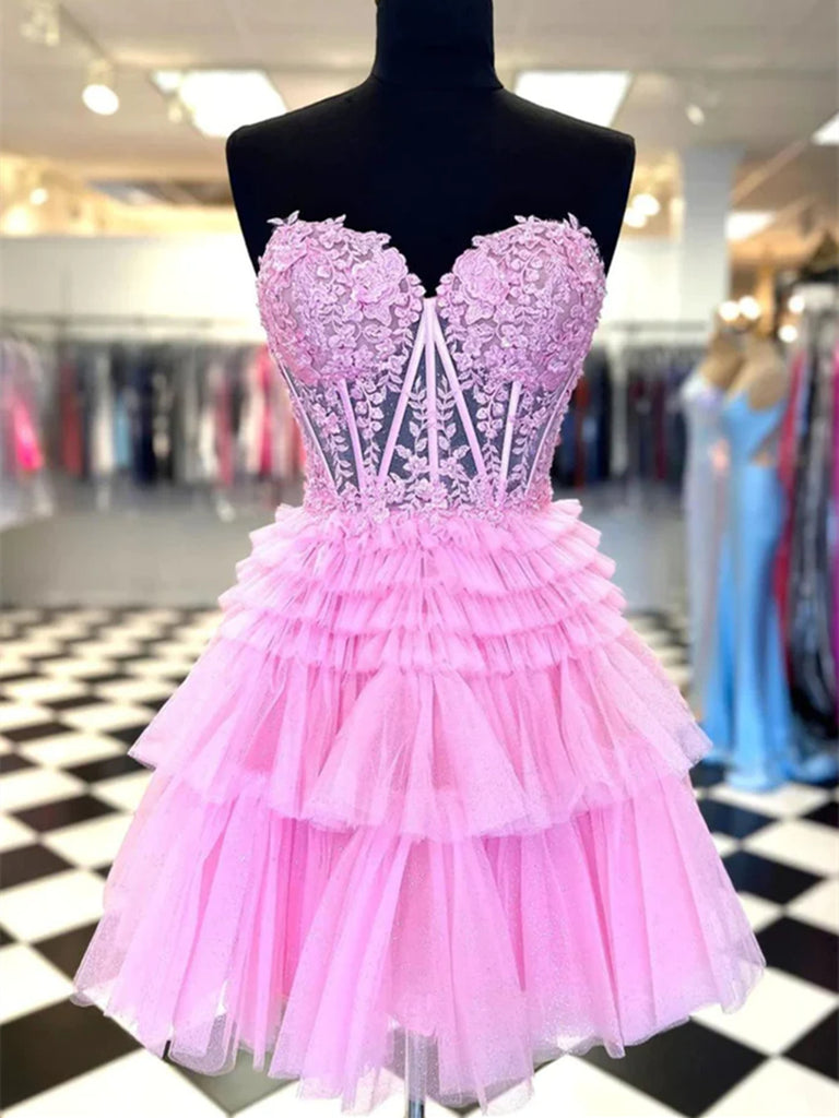 Sweetheart Neck Strapless Short Pink Lace Prom Dresses. Pink Lace Short Formal Evening Homecoming Dresses