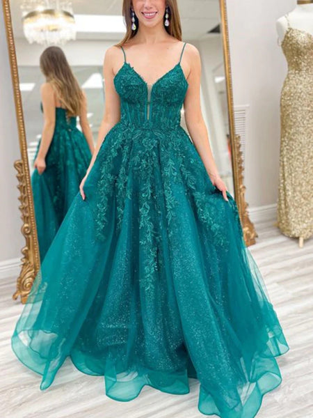 V Neck Green Lace Tulle Long Prom Dresses, V Neck Green Lace Tulle Long Formal  Evening Dresses