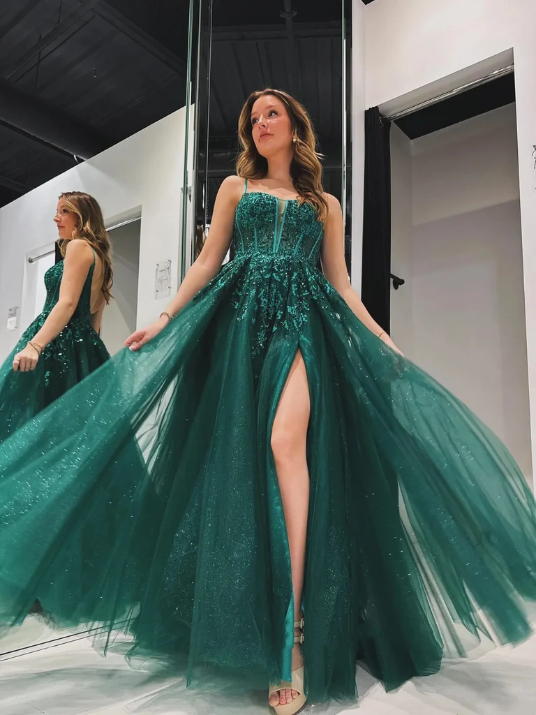 A Line V Neck Backless Green Lace Long Prom Dresses with High Slit, Gr morievent A Line V Neck Backless Green Lace Long Prom Dresses with High Slit, Gr morievent