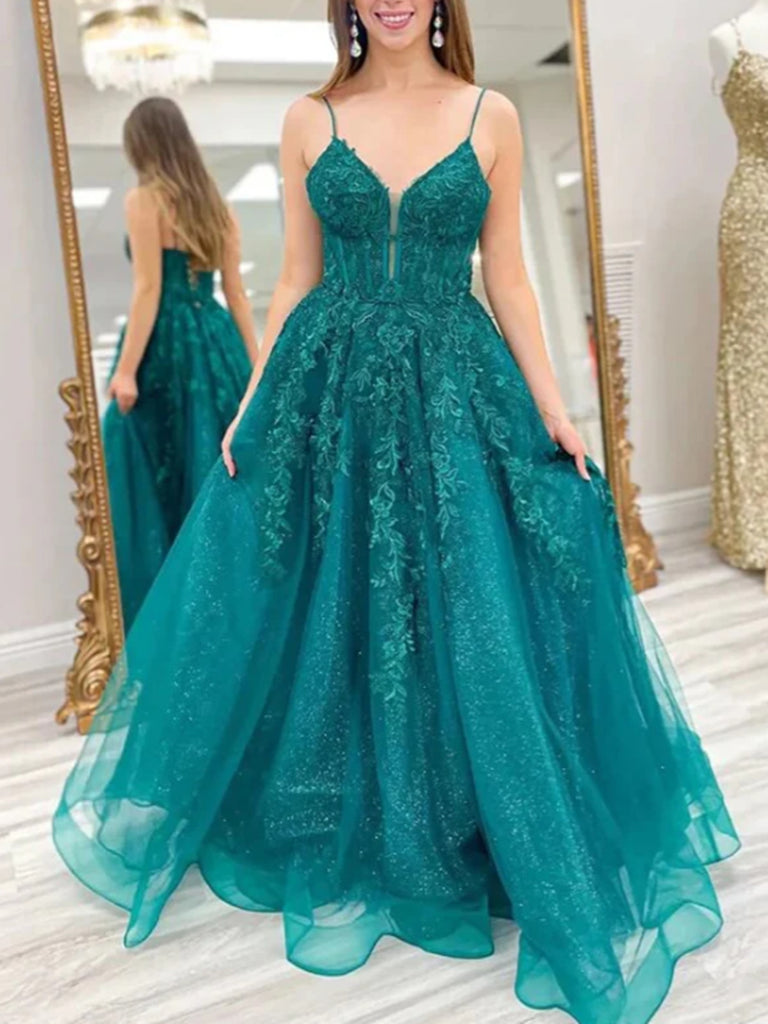 Sparkly Emerald Green Lace Long Prom Dresses ,A Line Spaghetti Straps morievent Sparkly Emerald Green Lace Long Prom Dresses ,A Line Spaghetti Straps morievent