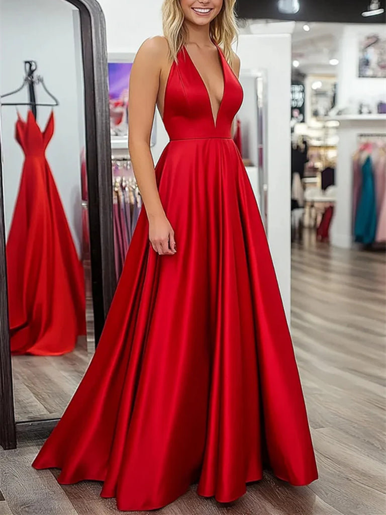 A Line Deep V Neck Red Satin Long Prom Dresses, V Neck Red Formal Even morievent A Line Deep V Neck Red Satin Long Prom Dresses, V Neck Red Formal Even morievent