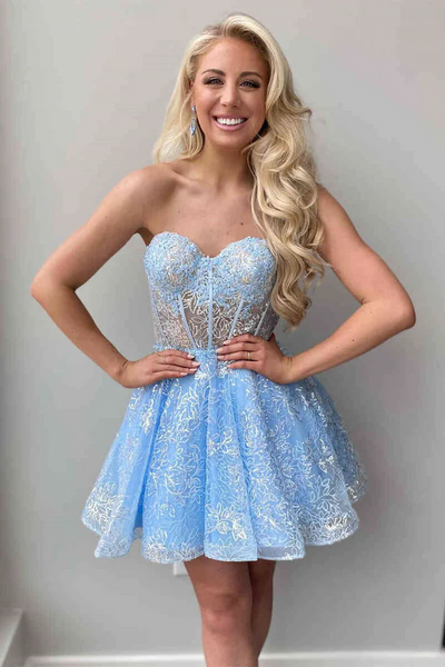 Short Sleeves Short Blue Red Lace Prom Dresses, Short Sleeves Short Lace Formal Evening Homecoming Dresses