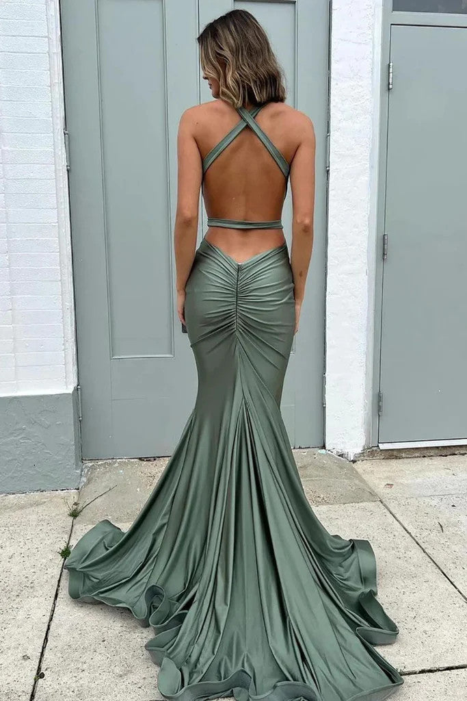 V Neck Mermaid Open Back Sage Long Prom Dresses, Sage Mermaid Backless morievent V Neck Mermaid Open Back Sage Long Prom Dresses, Sage Mermaid Backless morievent