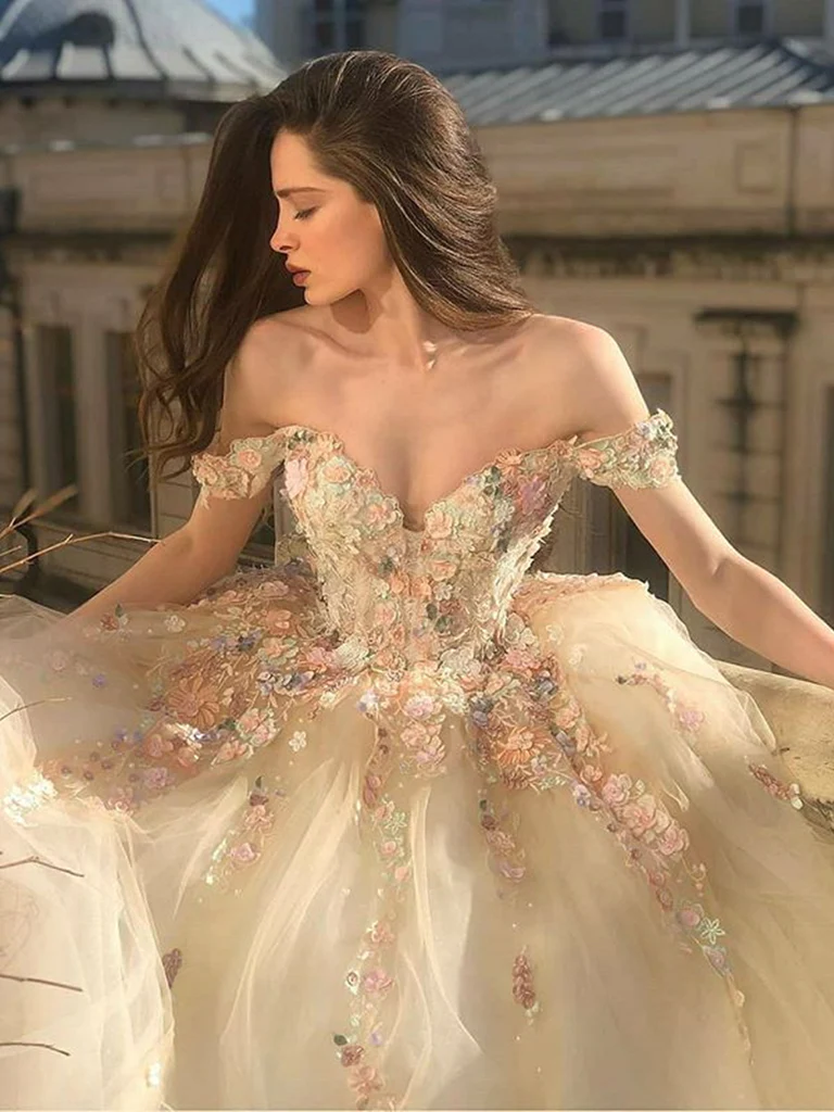 Gorgeous Off The Shoulder Champagne Lace Floral Long Prom Dresses, 3D Flowers Off Shoulder Champagne Formal Evening Dresses