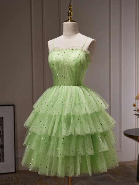 Princess Layered Green Short Tulle Prom Dresses with Sequins, Short Green Formal Graduation Evening Dresses ，Layered Green Homecoming Dresses
