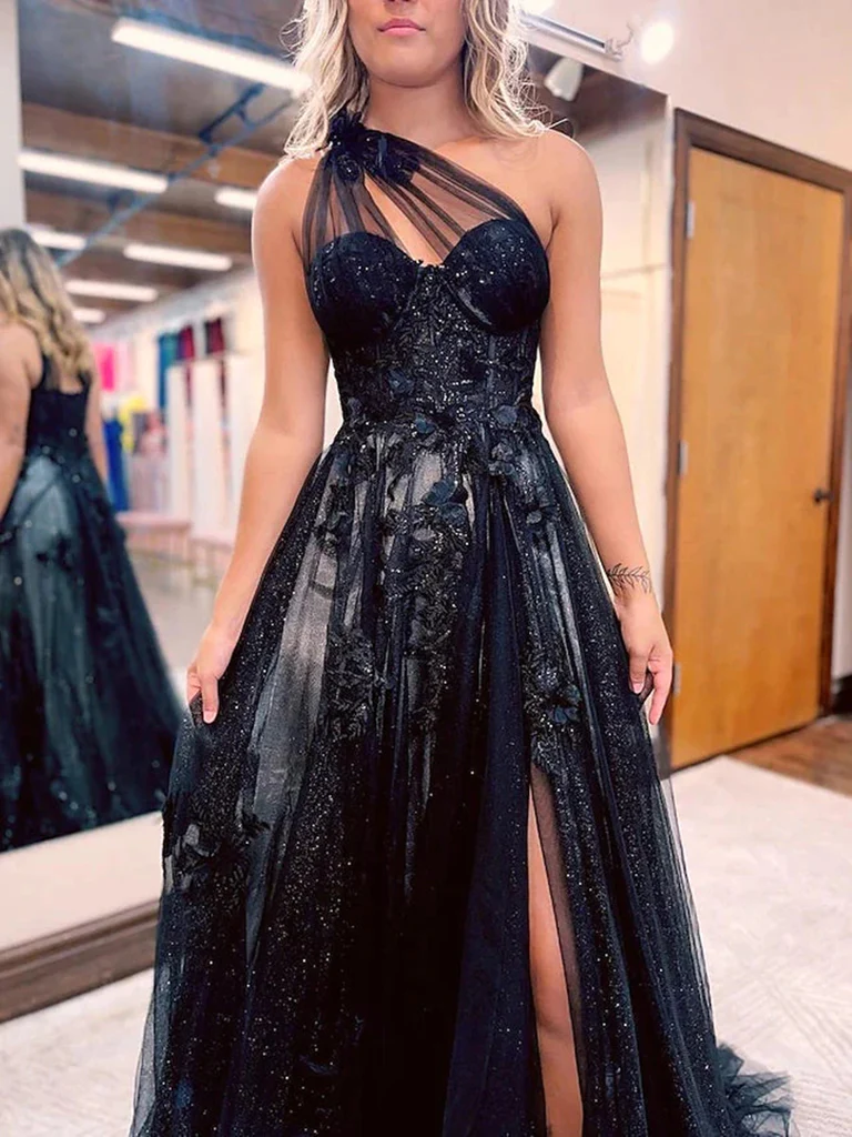 One Shoulder Black Lace Prom Dresses, One Shoulder Black Lace Formal Evening Dresses One Shoulder Black Lace Prom Dresses, One Shoulder Black Lace Formal Evening Dresses