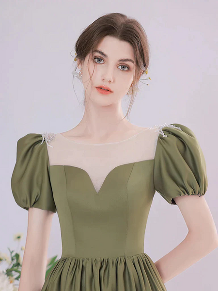 Round Neck Green Tea Length Prom Dresses, Round Neck Green Tea Length Formal Evening Dresses