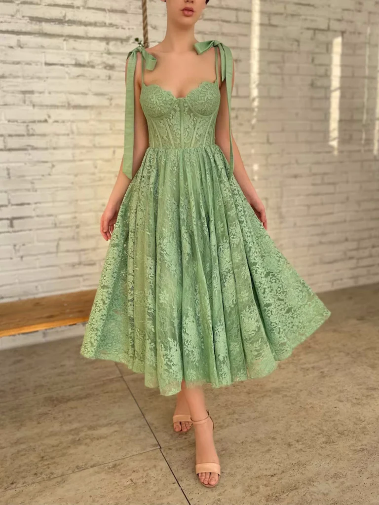 Sweetheart Neck Green Lace Tea Length Prom Dresses, Green Lace Tea Len morievent Sweetheart Neck Green Lace Tea Length Prom Dresses, Green Lace Tea Len morievent