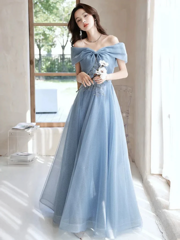 Off Shoulder Blue Beaded Long Prom Dresses, Off the Shoulder Blue Beaded Long Formal Evening Dresses