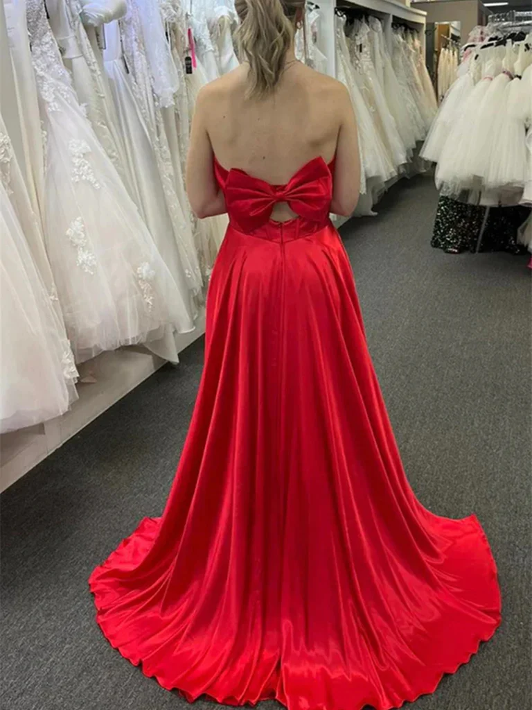 V Neck Strapless Red Long Prom Dresses, Strapless Red V Neck Long Form