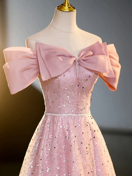 Sequins Pink Off the Shoulder Long Prom Dresses，Off  Shoulder Pink Formal Graduation Evening Dresses