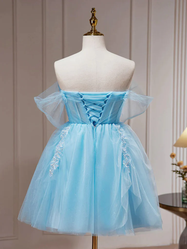 A Line Blue Tulle Short Beaded Prom Dresses, Short Blue Graduation Hom morievent A Line Blue Tulle Short Beaded Prom Dresses, Short Blue Graduation Hom morievent