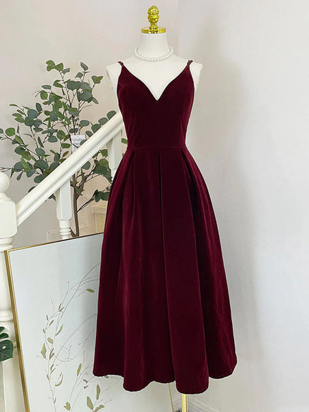 A Line V Neck Burgundy Velvet  Prom Dresses With Tea Length, Velvet Burgundy Open Back Formal Evening Dresses