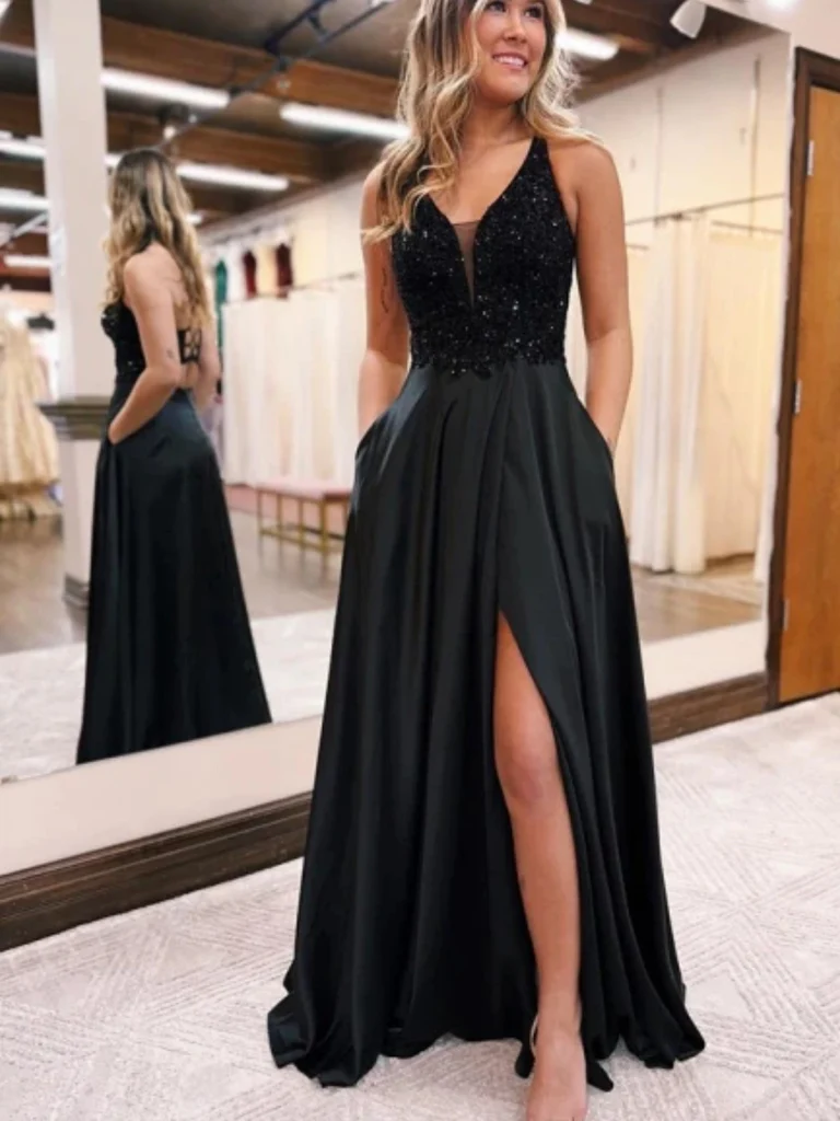 A Line V Neck Open Back Black Sequin Long Prom Dresses with High Slit, morievent A Line V Neck Open Back Black Sequin Long Prom Dresses with High Slit, morievent