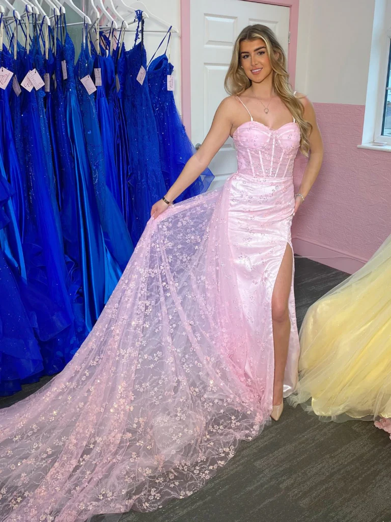 Sweetheart Neck Mermaid Pink Long Prom Dresses with Appliques,  Mermaid Pink Formal Lace Evening Dresses