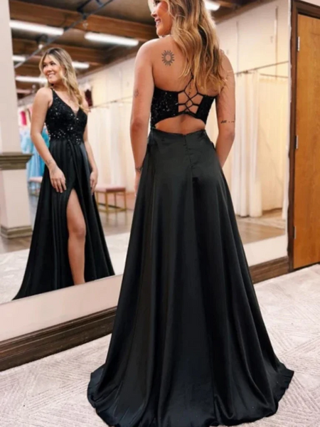 A Line V Neck Open Back Black Sequin Long Prom Dresses with High Slit,  V Neck Backless Black Formal Graduation Evening Dresses  with Pockets